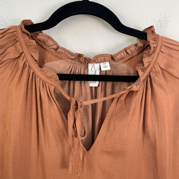 Joie Womens Plus 2X Rust Orange Long Sleeve Ruffle Neck Blouse Top Satin Shirt - Picture 9 of 11